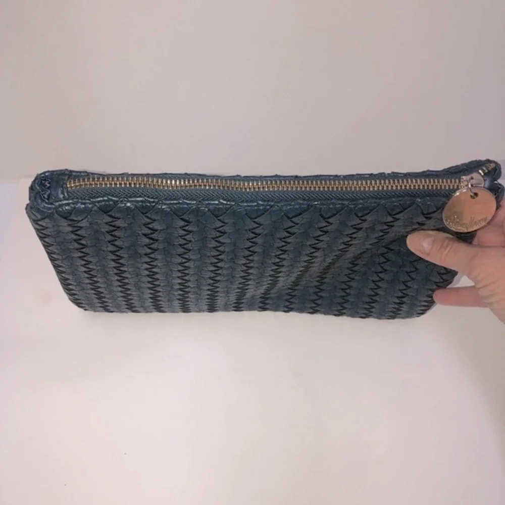 3 for $20 NEIMAN MARCUS Braided Woven Clutch Vegan Leather Make-Up Bag Navy Blue